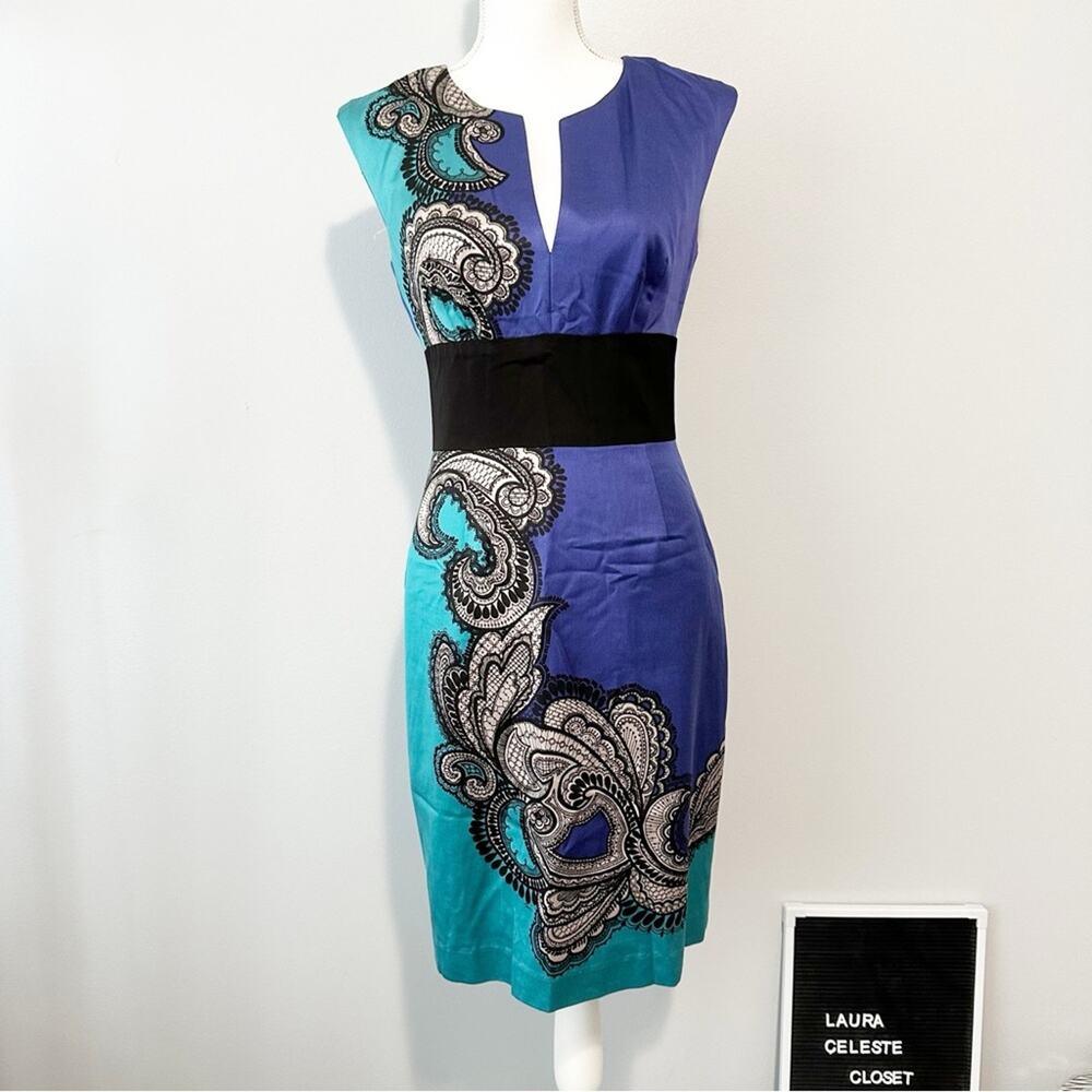 Trina Turk blue silk sheath dress sleeveless lace slip size 4